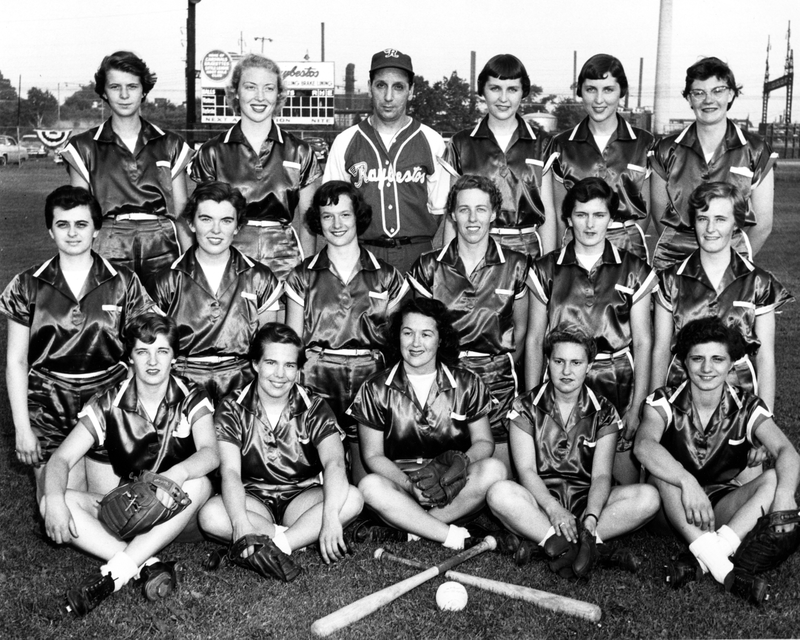 Raybestos Brakettes, 1956. Bertha Ragan Tickey sits in the middle of the front row. Photo: Brakettes Softball Photo Archive.
